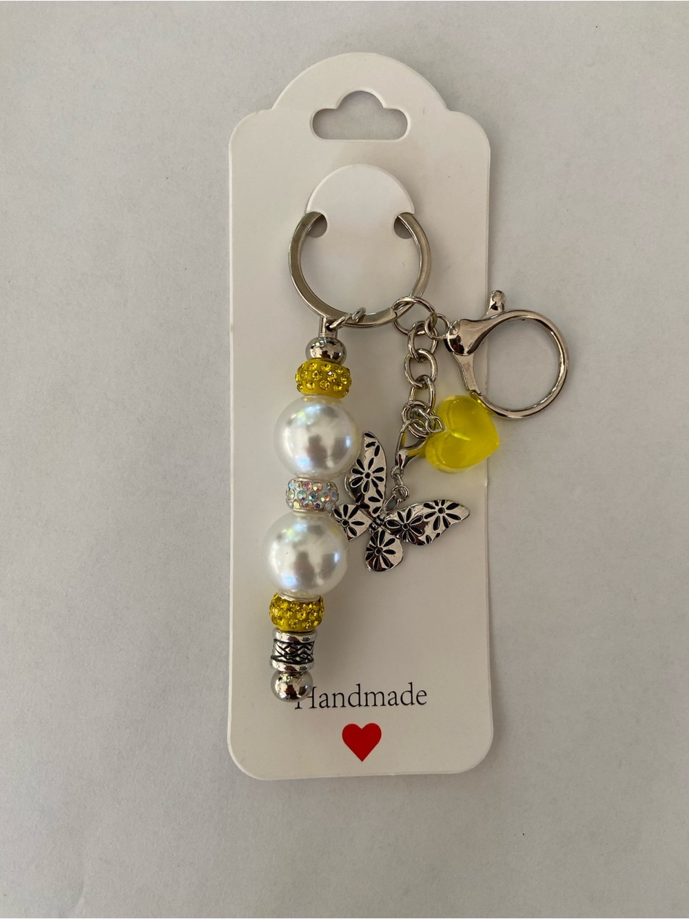 Yellow Pearl Heart Keychain Charm Handmade
